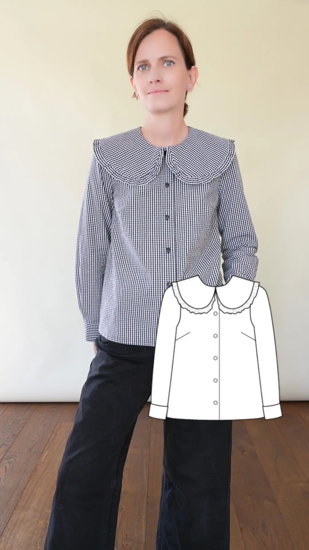 Patron de Blouse à Col Puritain à Volant en Vichy Noir et Blanc