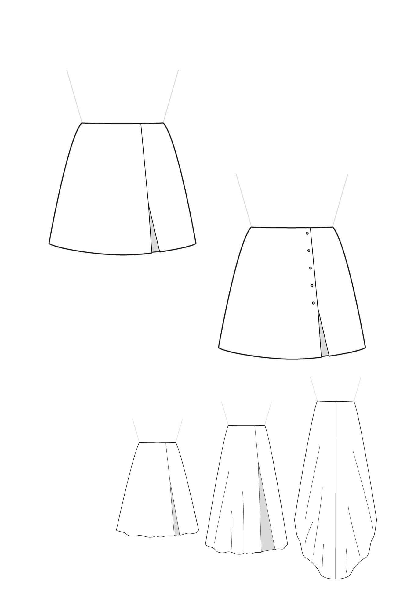 Le patron de couture de la jupe fendue devant est personnalisable avec les hauts à personnaliser Atelier Charlotte Auzou pour coudre une robe courte, midi, longue, de mariée avec ou sans traîne. Les possibilités sont infinies.