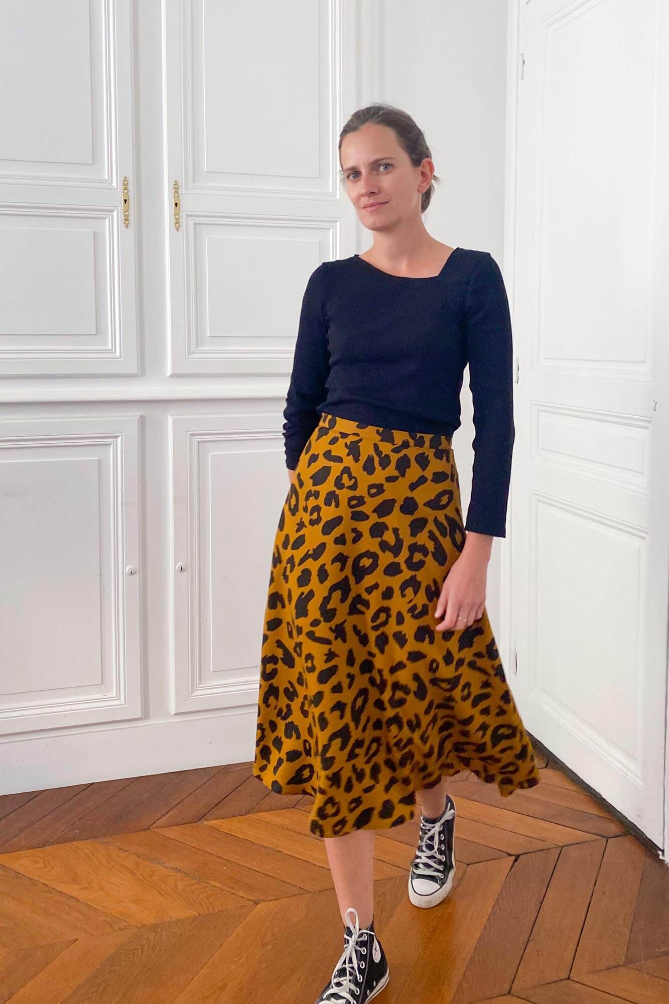 Patron de couture PDF jupe fluide léopard longueur midi, au format A4 et A0, du 34 au 48, concept de personnalisation par Atelier Charlotte Auzou