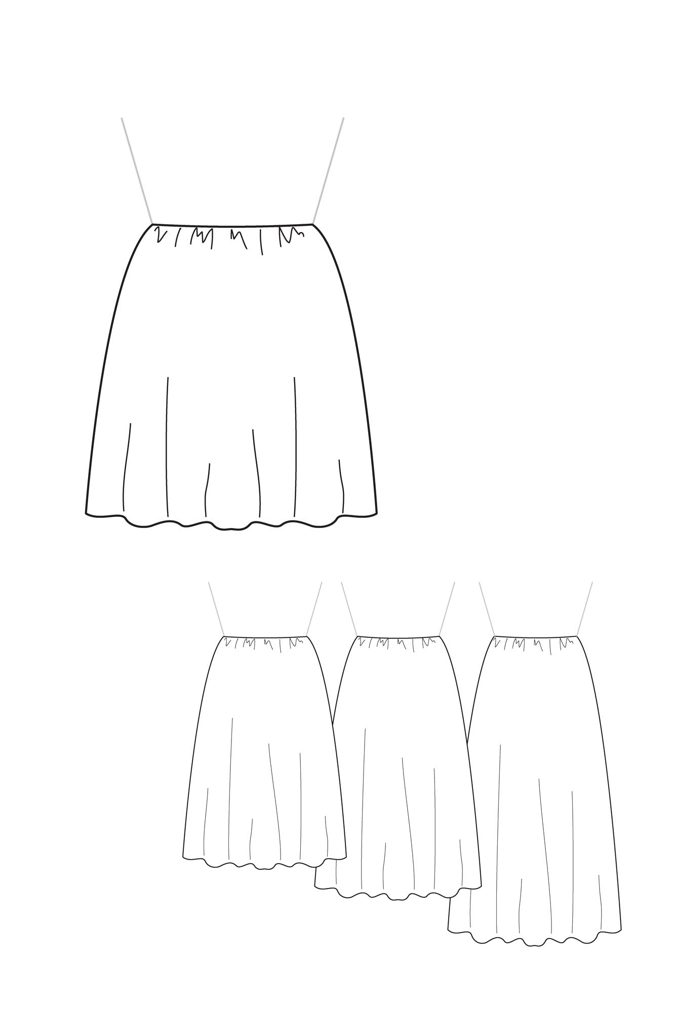 Patron de couture PDF pour femme, jupe ou robe froncée cintrée à la taille, à personnaliser avec le concept couture Atelier Charlotte Auzou, disponible en 4 longueurs et 3 statures pour une création sur-mesure