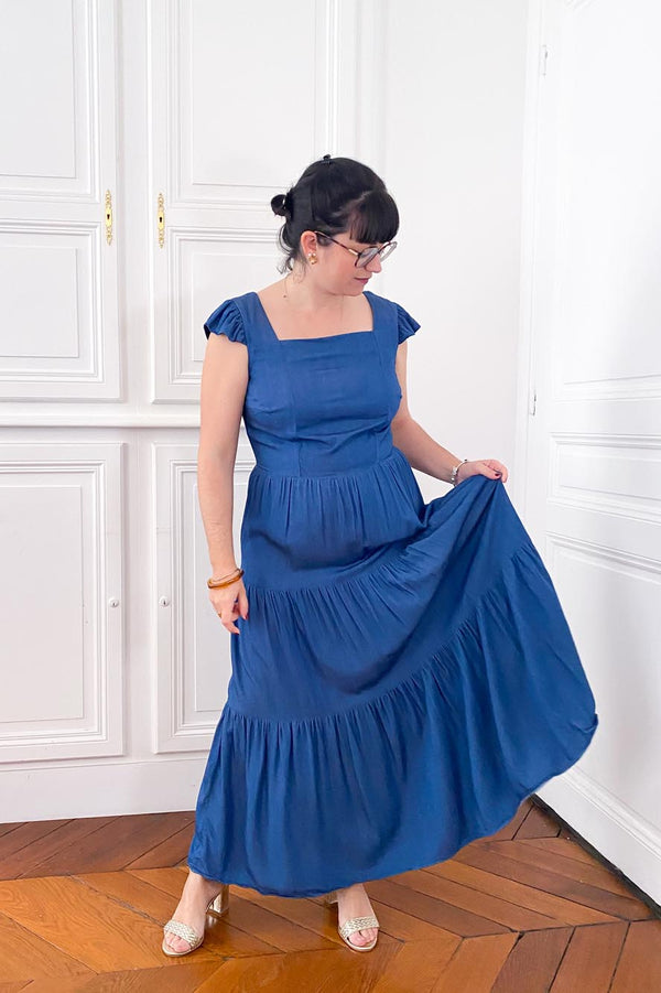 Coudre une robe longue bohème à encolure carrée et petites manches, Patron de Couture PDF à personnaliser par Atelier Charlotte Auzou