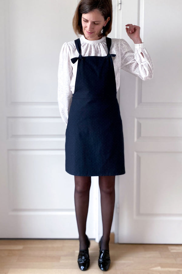 coudre robe salopette patron couture chambray gots noire atelier charlotte auzou sur mesure personnalisé chambray carbone raw dots amandine cha