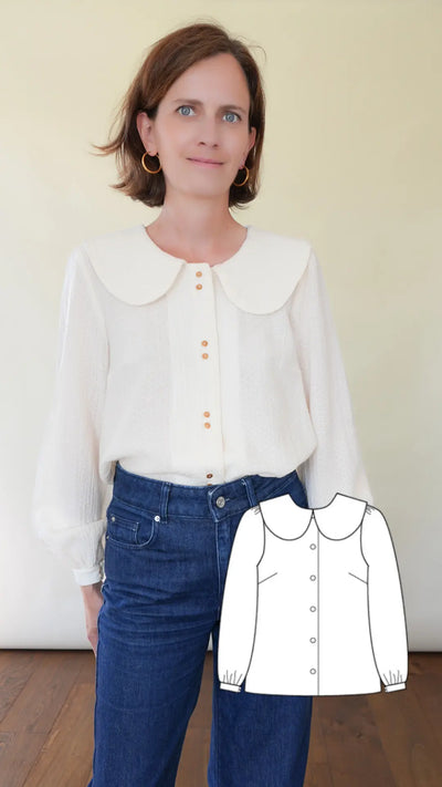Patron de Chemisier en Gaze de Coton pour Femme avec Col Puritain et Manches Bouffantes