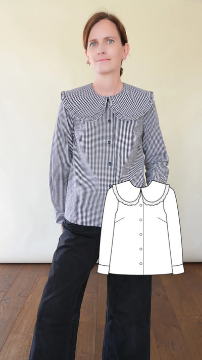 Patron de Blouse à Col Puritain à Volant en Vichy Noir et Blanc