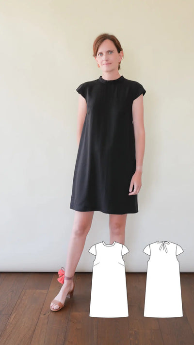 Patron Petite Robe Noire Courte à Mancherons et Noeud dans le Dos