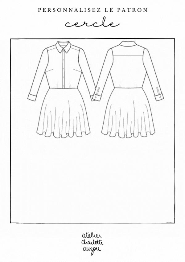 Patron de couture de la jupe cercle disponible en 5 longueurs avec ou sans traîne, au format PDF A4 et A0 avec marges incluses, à personnaliser avec le concept couture d'Atelier Charlotte Auzou