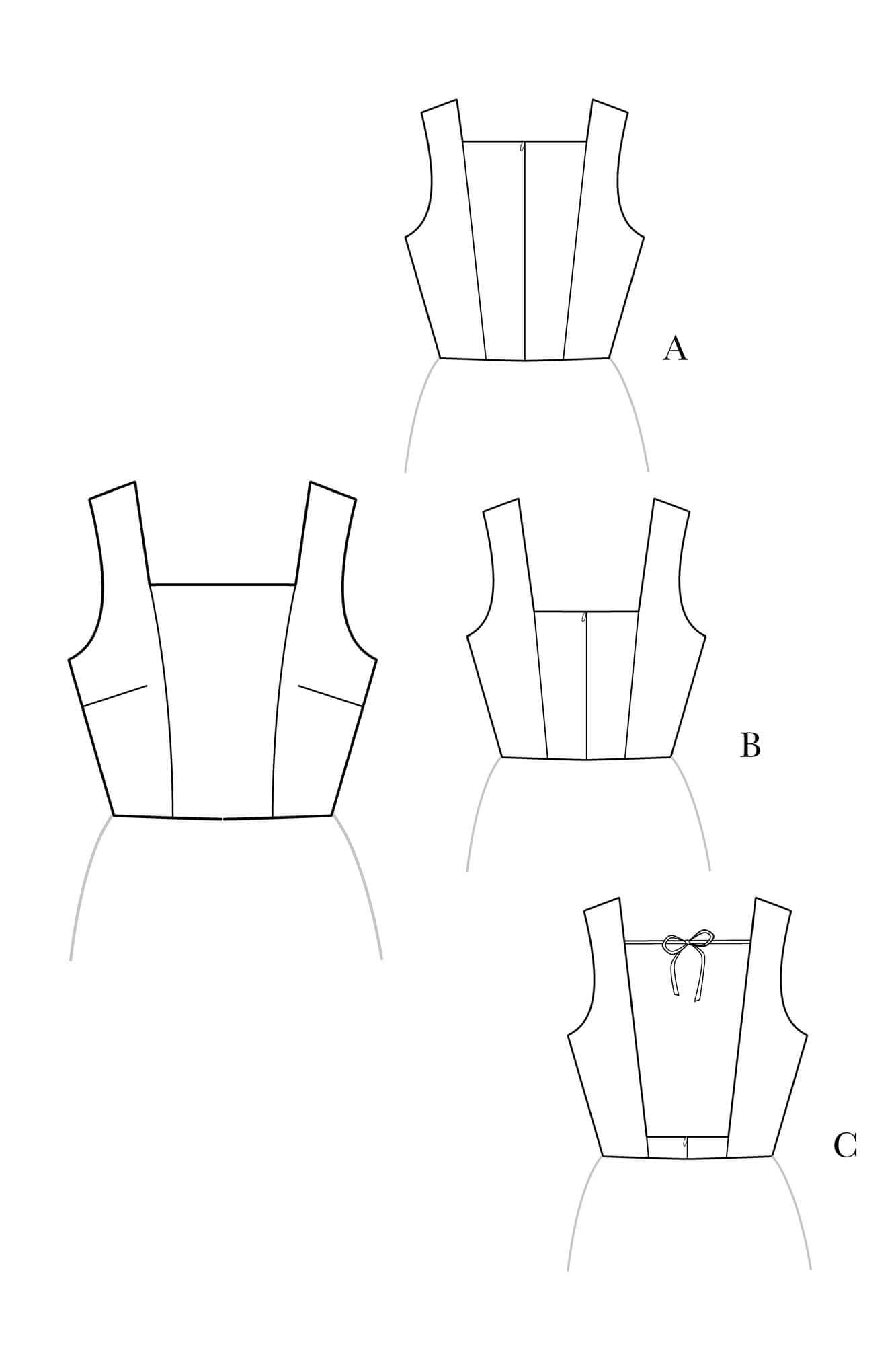 Patron de couture à personnaliser Encolure carrée avec des découpes bretelles et 3 options de décolletés dos : fermé, moyen et dos nu. Personnalisez votre robe grâce au concept de patrons de couture sur-mesure par Atelier Charlotte Auzou