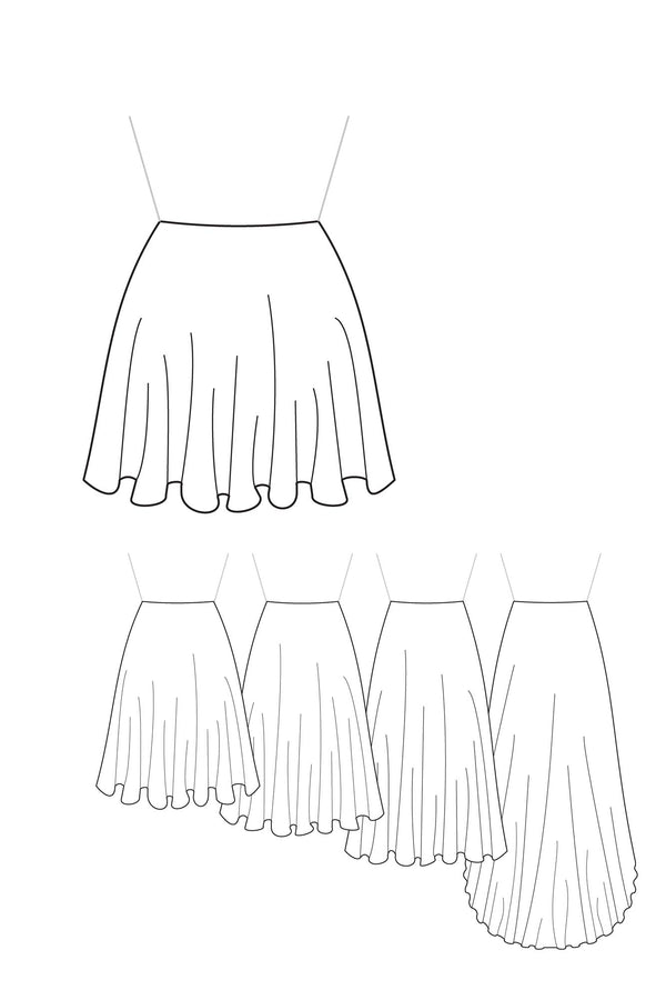 Patron de couture de la jupe cercle disponible en 5 longueurs avec ou sans traîne, au format PDF A4 et A0 avec marges incluses, à personnaliser avec le concept couture d'Atelier Charlotte Auzou
