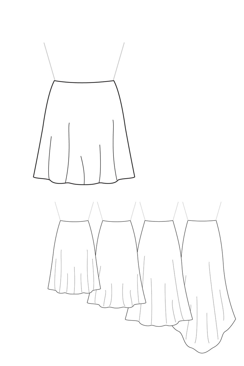 Patron de couture PDF Jupe quart de cercle à personnaliser pour coudre une robe courte ou longue, par Atelier Charlotte Auzou